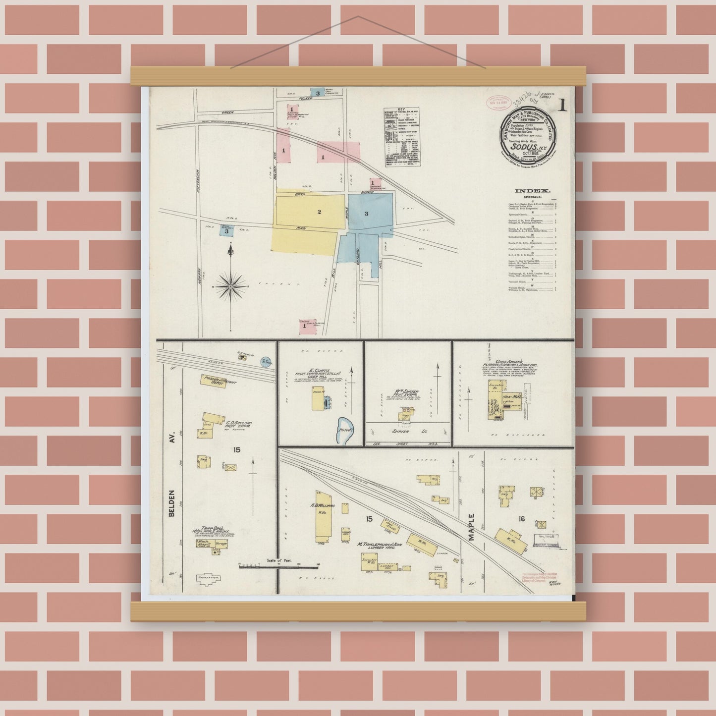 Old map wall art mockup — magnetic wood frame on brick wall — Sanborn Fire Insurance Map from Sodus, Wayne County, New York (1889), Sheet #0001