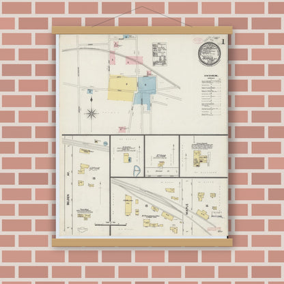 Old map wall art mockup — magnetic wood frame on brick wall — Sanborn Fire Insurance Map from Sodus, Wayne County, New York (1889), Sheet #0001