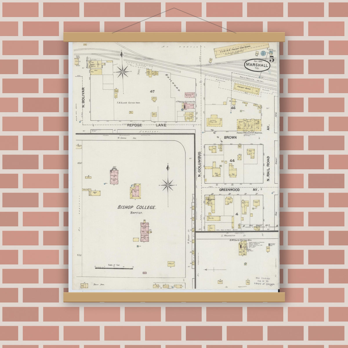 Old map wall art mockup — magnetic wood frame on brick wall — Sanborn Fire Insurance Map from Marshall, Harrison County, Texas (1889), Sheet #0005