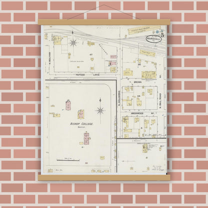 Old map wall art mockup — magnetic wood frame on brick wall — Sanborn Fire Insurance Map from Marshall, Harrison County, Texas (1889), Sheet #0005