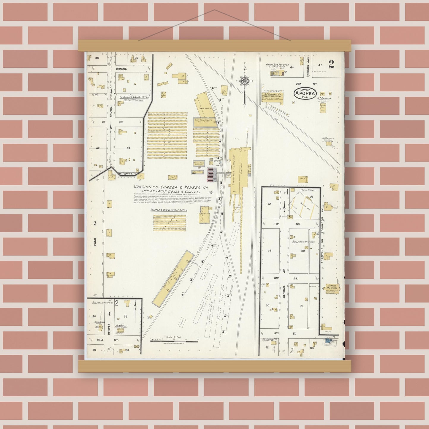 Old map wall art mockup — magnetic wood frame on brick wall — Sanborn Fire Insurance Map from Apopka, Orange County, Florida (1917), Sheet #0002
