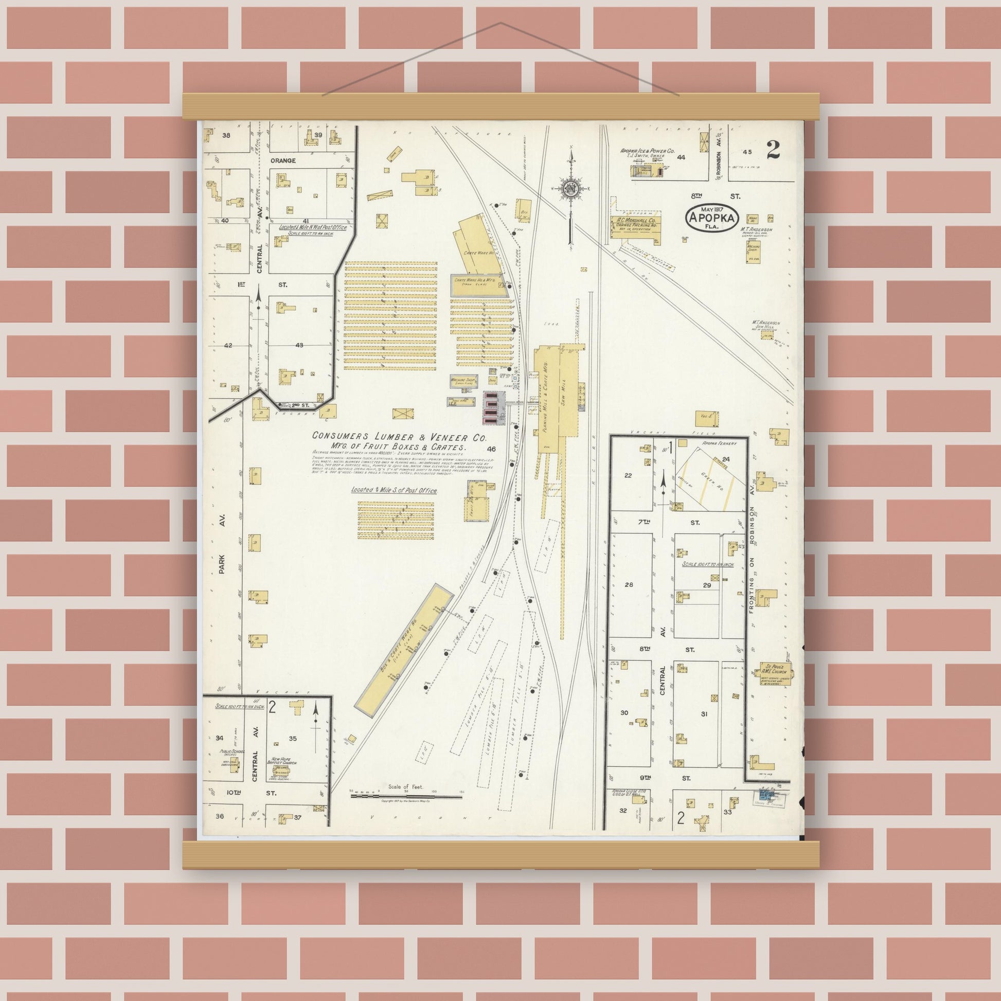Old map wall art mockup — magnetic wood frame on brick wall — Sanborn Fire Insurance Map from Apopka, Orange County, Florida (1917), Sheet #0002