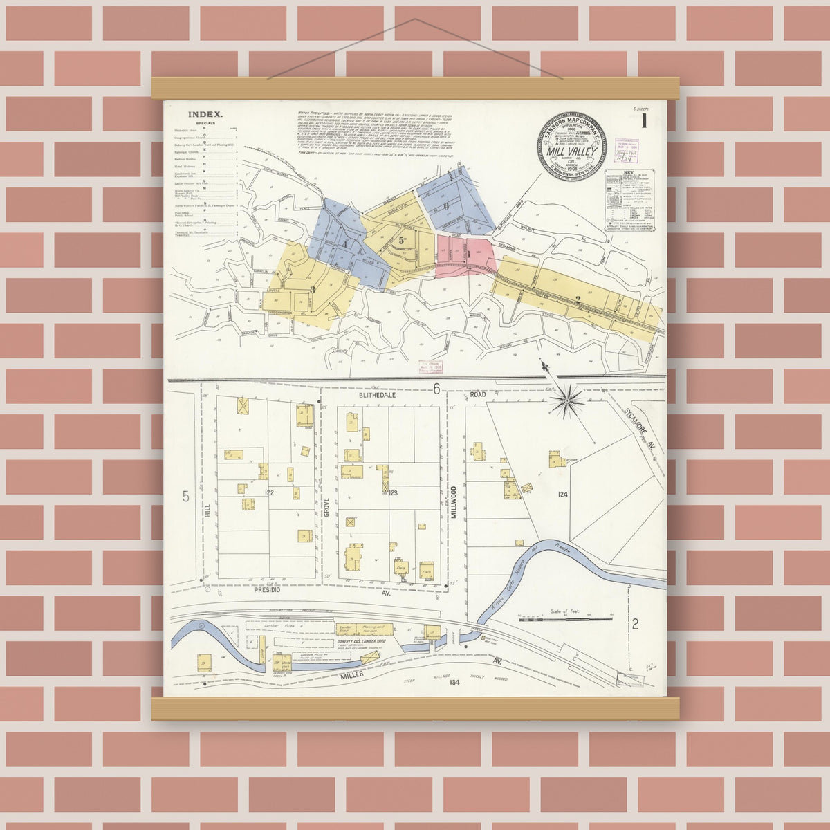Old map wall art mockup — magnetic wood frame on brick wall — Sanborn Fire Insurance Map from Mill Valley, Marin County, California (1908) - Complete Map Set