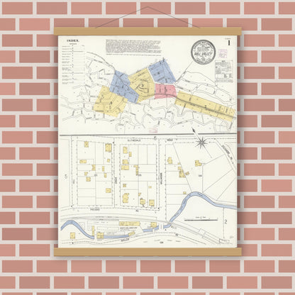 Old map wall art mockup — magnetic wood frame on brick wall — Sanborn Fire Insurance Map from Mill Valley, Marin County, California (1908) - Complete Map Set