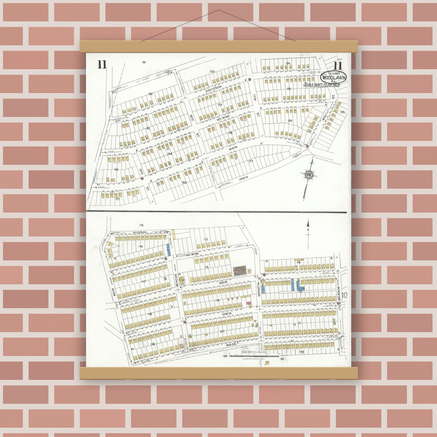 Old map wall art mockup — magnetic wood frame on brick wall — Sanborn Fire Insurance Map from Woodlawn, Beaver County, Pennsylvania (1923), Sheet #0011