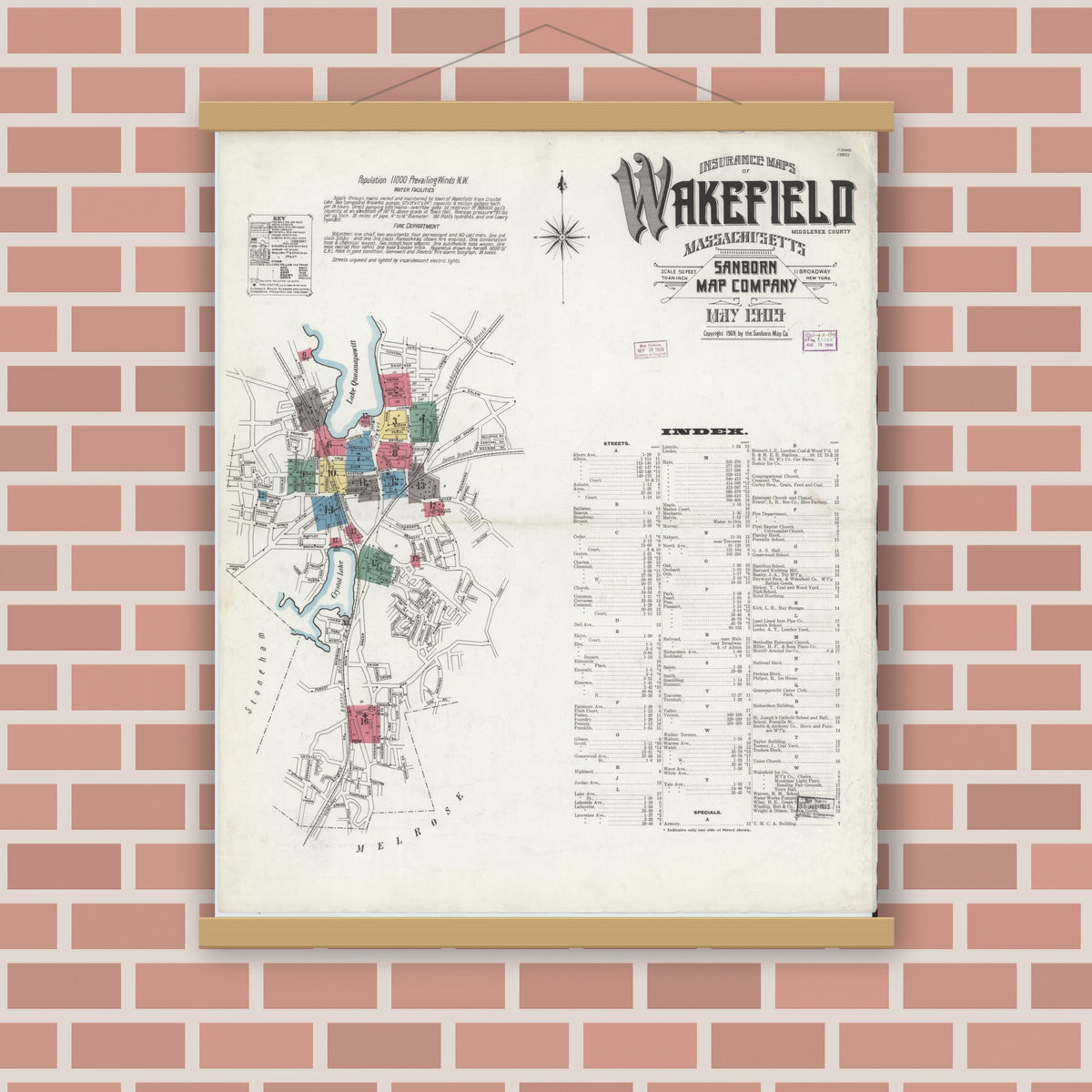 Old map wall art mockup — magnetic wood frame on brick wall — Sanborn Fire Insurance Map from Wakefield, Middlesex County, Massachusetts (1909) - Complete Map Set