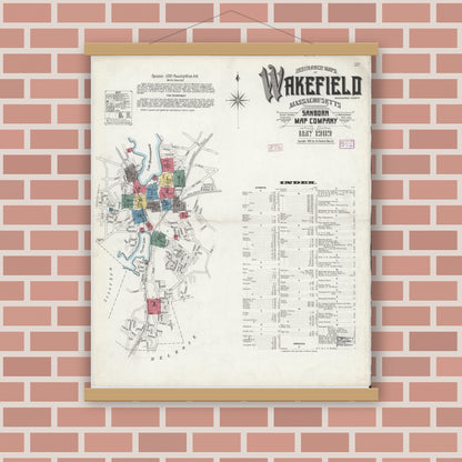 Old map wall art mockup — magnetic wood frame on brick wall — Sanborn Fire Insurance Map from Wakefield, Middlesex County, Massachusetts (1909) - Complete Map Set