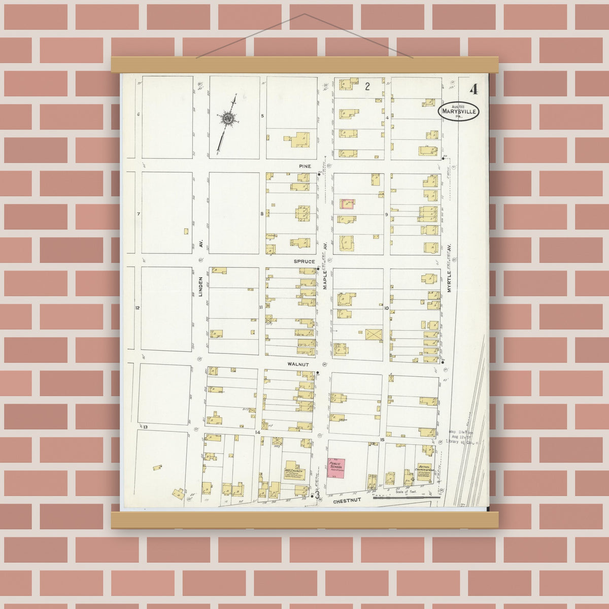 Old map wall art mockup — magnetic wood frame on brick wall — Sanborn Fire Insurance Map from Marysville, Perry County, Pennsylvania (1911), Sheet #0004