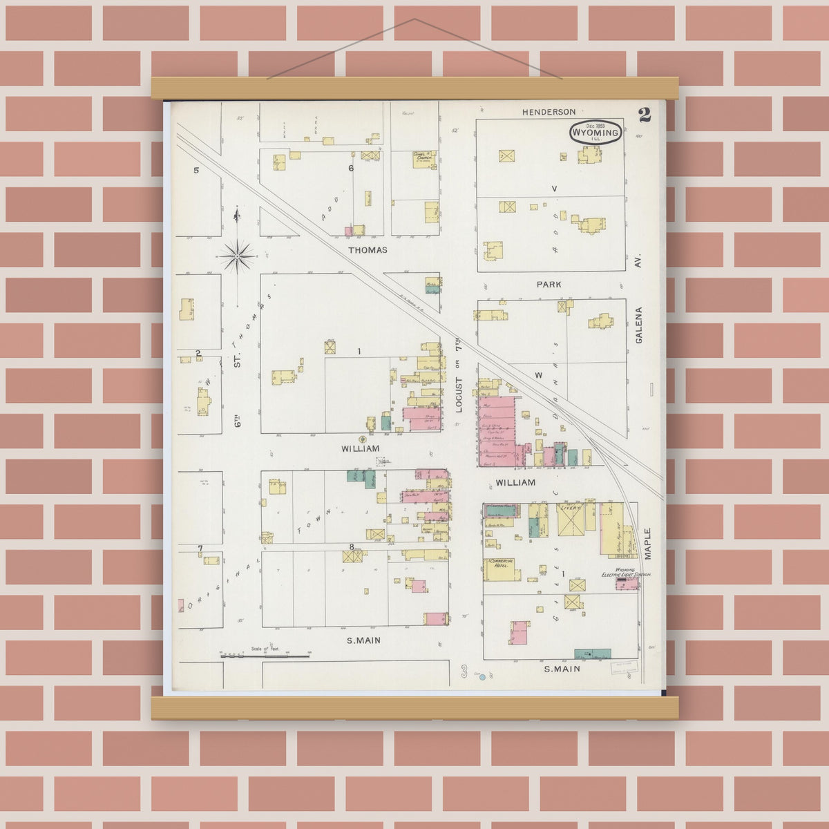 Old map wall art mockup — magnetic wood frame on brick wall — Sanborn Fire Insurance Map from Wyoming, Stark County, Illinois (1893), Sheet #0002