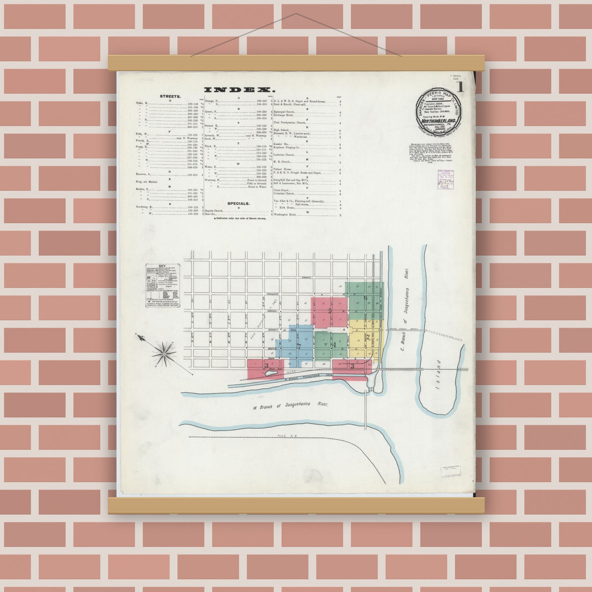 Old map wall art mockup — magnetic wood frame on brick wall — Sanborn Fire Insurance Map from Northumberland, Northumberland County, Pennsylvania (1901) - Complete Map Set