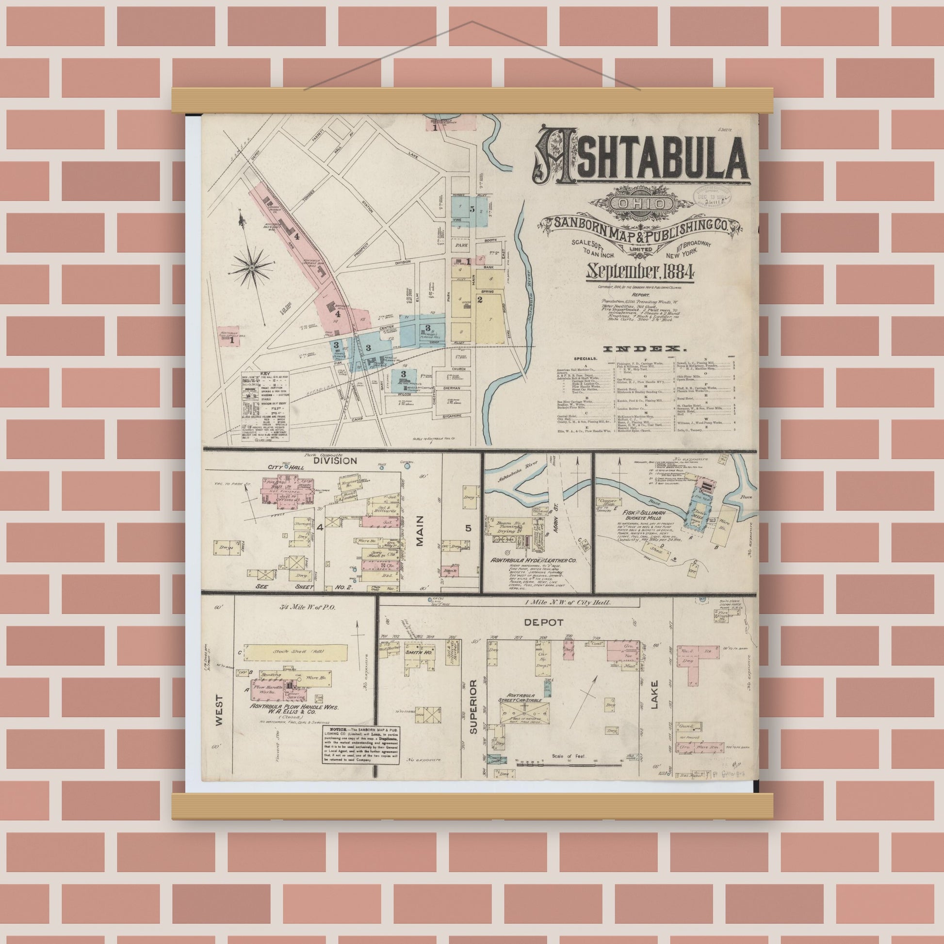Old map wall art mockup — magnetic wood frame on brick wall — Sanborn Fire Insurance Map from Ashtabula, Ashtabula County, Ohio (1884) - Complete Map Set