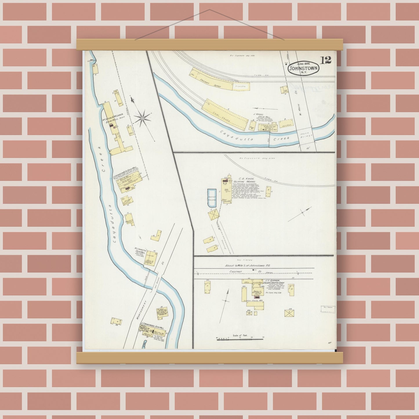 Old map wall art mockup — magnetic wood frame on brick wall — Sanborn Fire Insurance Map from Johnstown, Fulton County, New York (1892), Sheet #0012