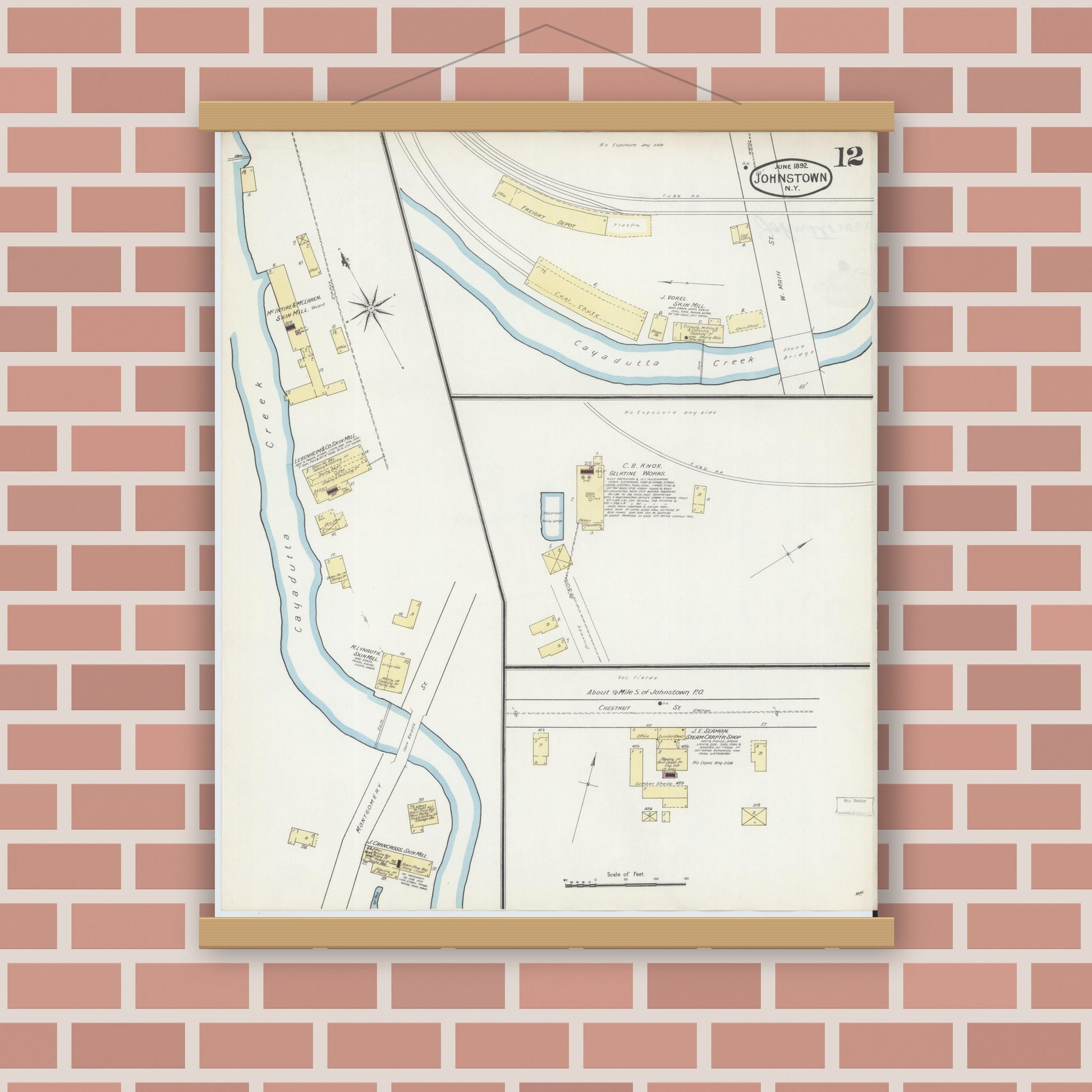 Old map wall art mockup — magnetic wood frame on brick wall — Sanborn Fire Insurance Map from Johnstown, Fulton County, New York (1892), Sheet #0012