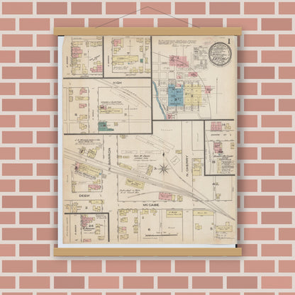 Old map wall art mockup — magnetic wood frame on brick wall — Sanborn Fire Insurance Map from Eaton, Preble County, Ohio (1885), Sheet #0001