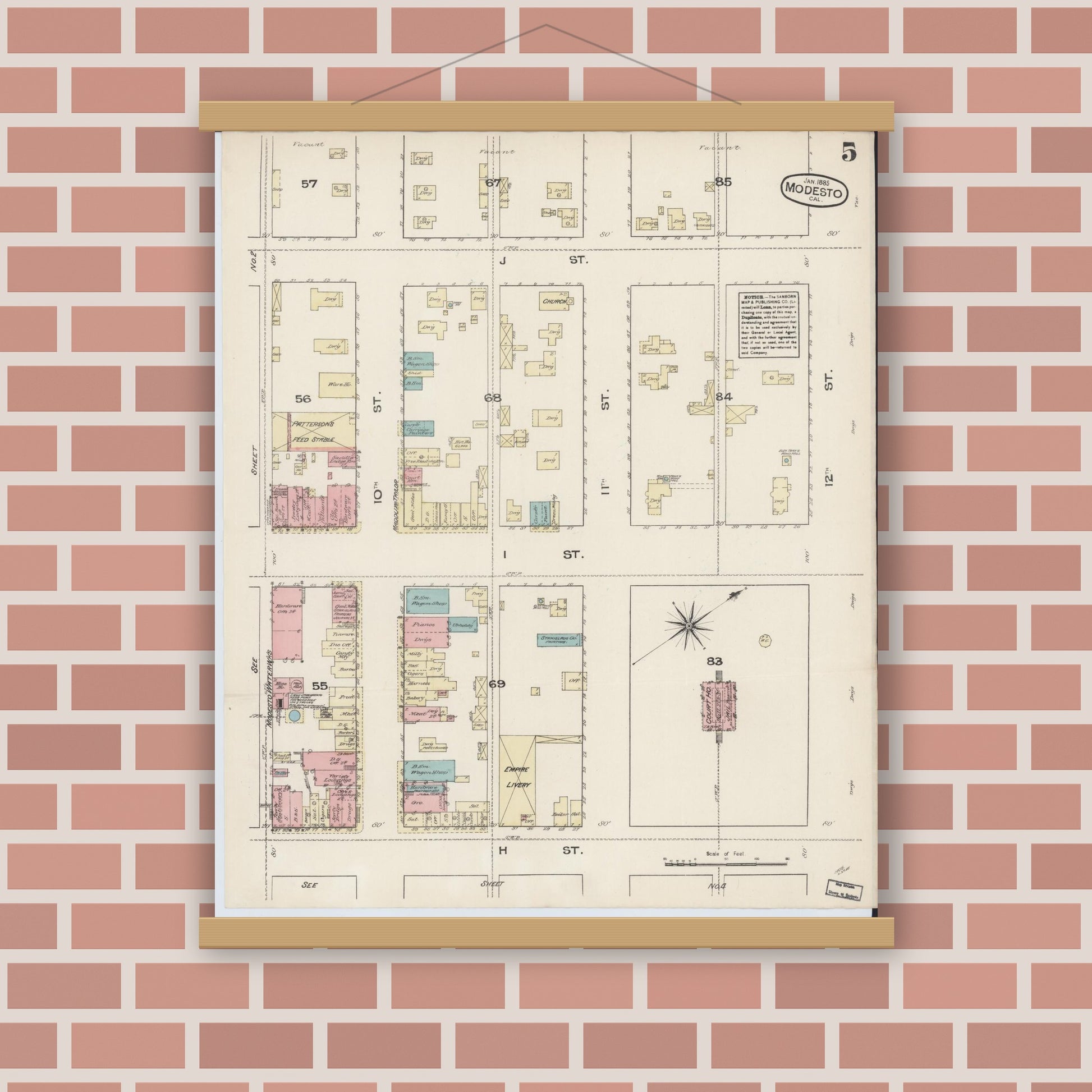 Old map wall art mockup — magnetic wood frame on brick wall — Sanborn Fire Insurance Map from Modesto, Stanislaus County, California (1885), Sheet #0005