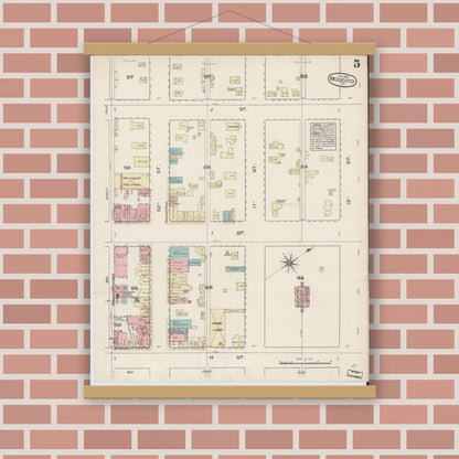 Old map wall art mockup — magnetic wood frame on brick wall — Sanborn Fire Insurance Map from Modesto, Stanislaus County, California (1885), Sheet #0005