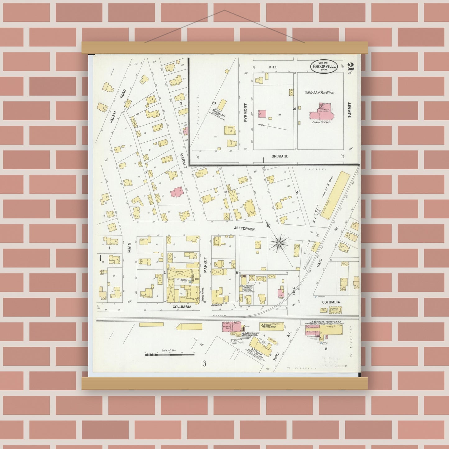 Old map wall art mockup — magnetic wood frame on brick wall — Sanborn Fire Insurance Map from Brookville, Montgomery County, Ohio (1901), Sheet #0002