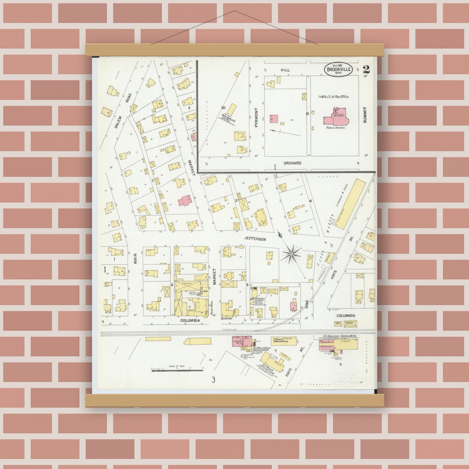 Old map wall art mockup — magnetic wood frame on brick wall — Sanborn Fire Insurance Map from Brookville, Montgomery County, Ohio (1901), Sheet #0002
