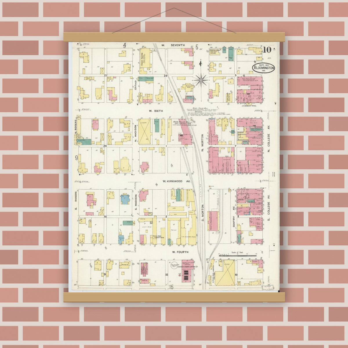 Old map wall art mockup — magnetic wood frame on brick wall — Sanborn Fire Insurance Map from Bloomington, Monroe County, Indiana (1907), Sheet #0010