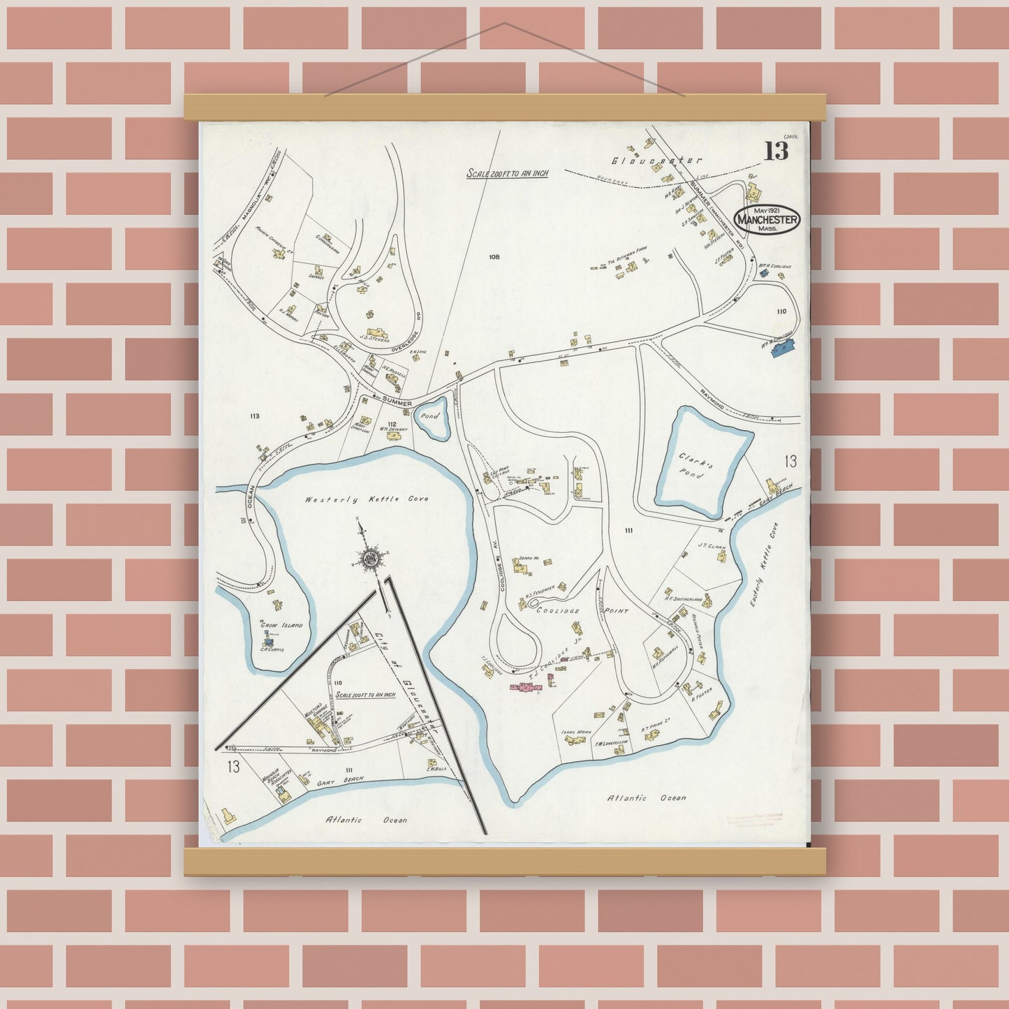 Old map wall art mockup — magnetic wood frame on brick wall — Sanborn Fire Insurance Map from Manchester, Essex County, Massachusetts (1921), Sheet #0013