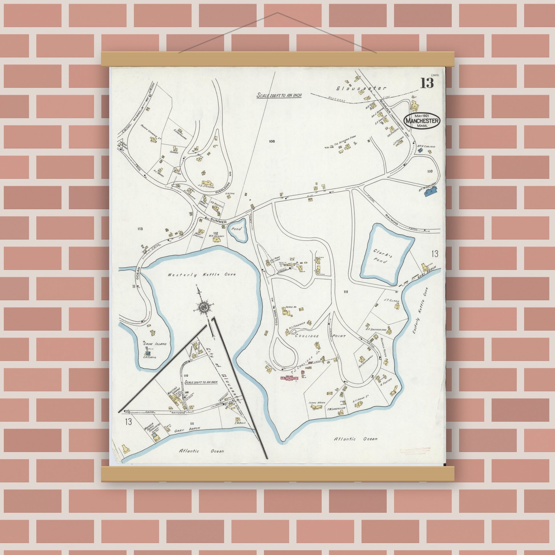 Old map wall art mockup — magnetic wood frame on brick wall — Sanborn Fire Insurance Map from Manchester, Essex County, Massachusetts (1921), Sheet #0013