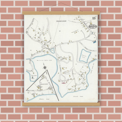 Old map wall art mockup — magnetic wood frame on brick wall — Sanborn Fire Insurance Map from Manchester, Essex County, Massachusetts (1921), Sheet #0013
