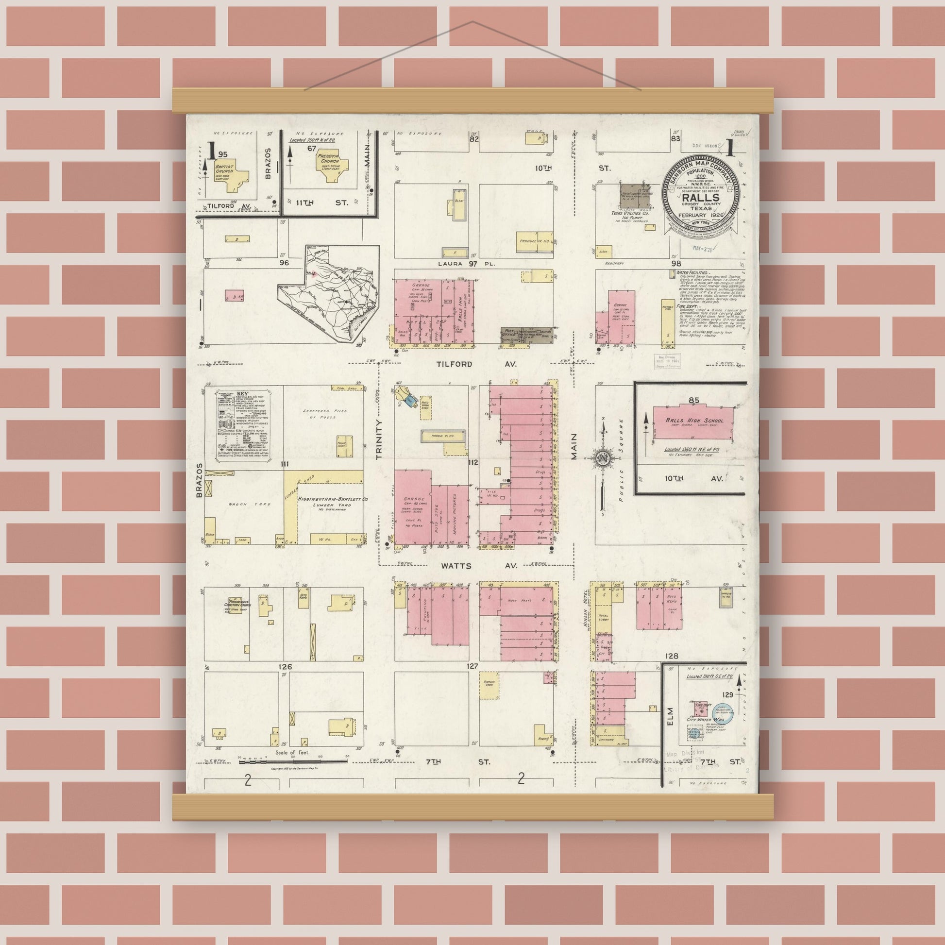 Old map wall art mockup — magnetic wood frame on brick wall — Sanborn Fire Insurance Map from Ralls, Crosby County, Texas (1926) - Complete Map Set