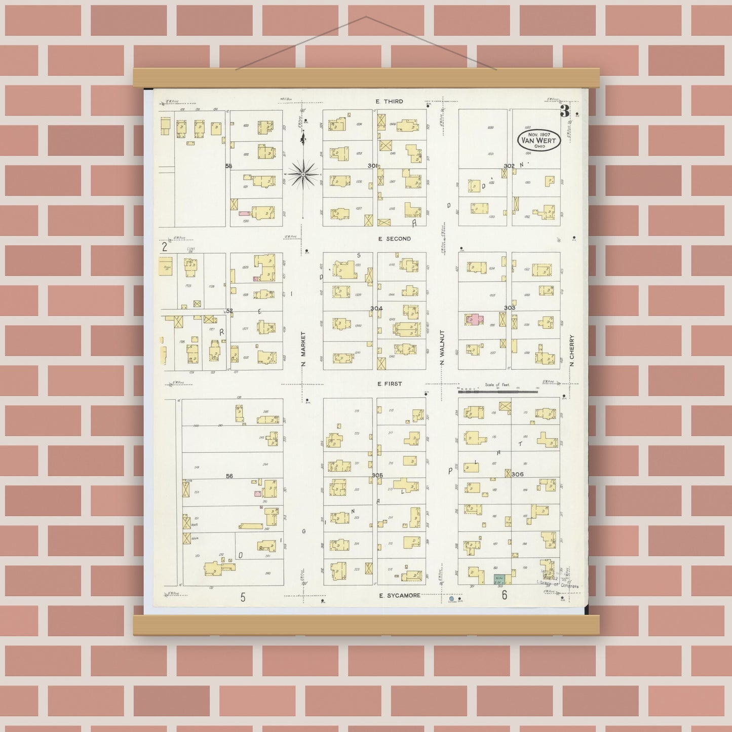 Old map wall art mockup — magnetic wood frame on brick wall — Sanborn Fire Insurance Map from Van Wert, Van Wert County, Ohio (1907), Sheet #0003