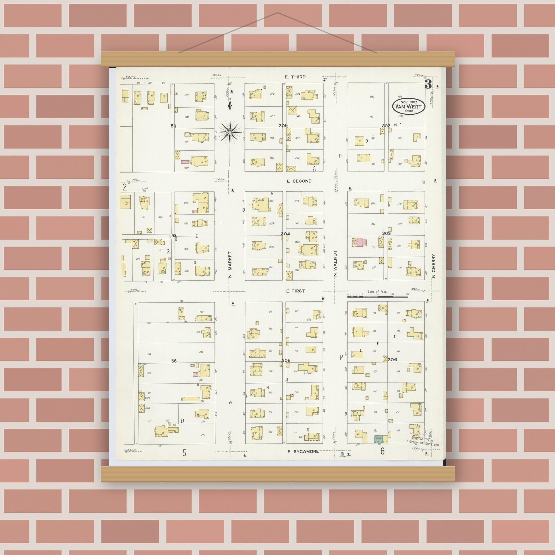 Old map wall art mockup — magnetic wood frame on brick wall — Sanborn Fire Insurance Map from Van Wert, Van Wert County, Ohio (1907), Sheet #0003
