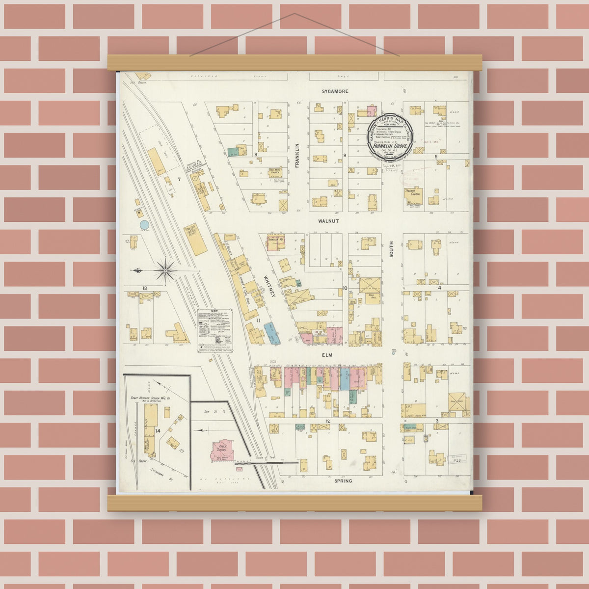 Old map wall art mockup — magnetic wood frame on brick wall — Sanborn Fire Insurance Map from Franklin Grove, Lee County, Illinois (1899), Sheet #0001