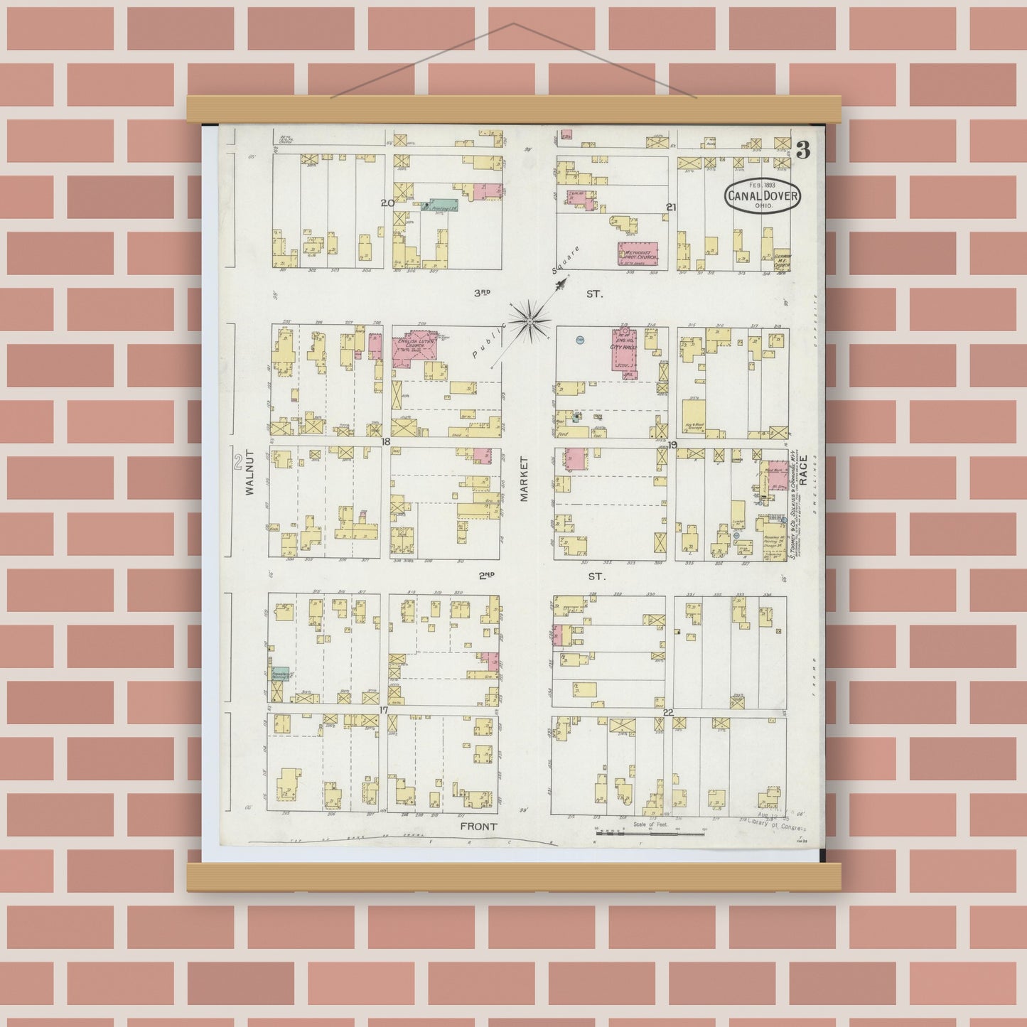 Old map wall art mockup — magnetic wood frame on brick wall — Sanborn Fire Insurance Map from Canal Dover, Tuscarawas County, Ohio (1893), Sheet #0003