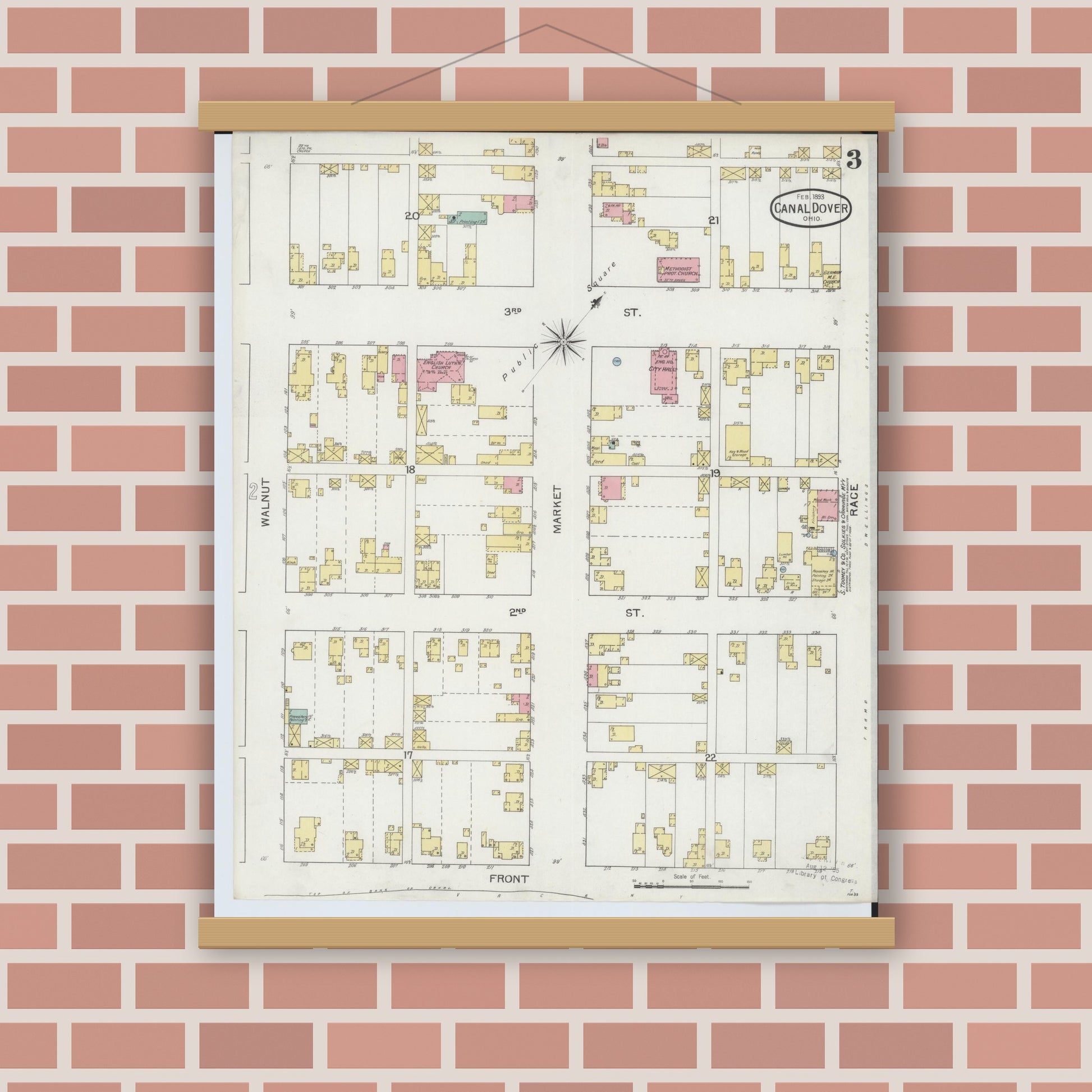 Old map wall art mockup — magnetic wood frame on brick wall — Sanborn Fire Insurance Map from Canal Dover, Tuscarawas County, Ohio (1893), Sheet #0003
