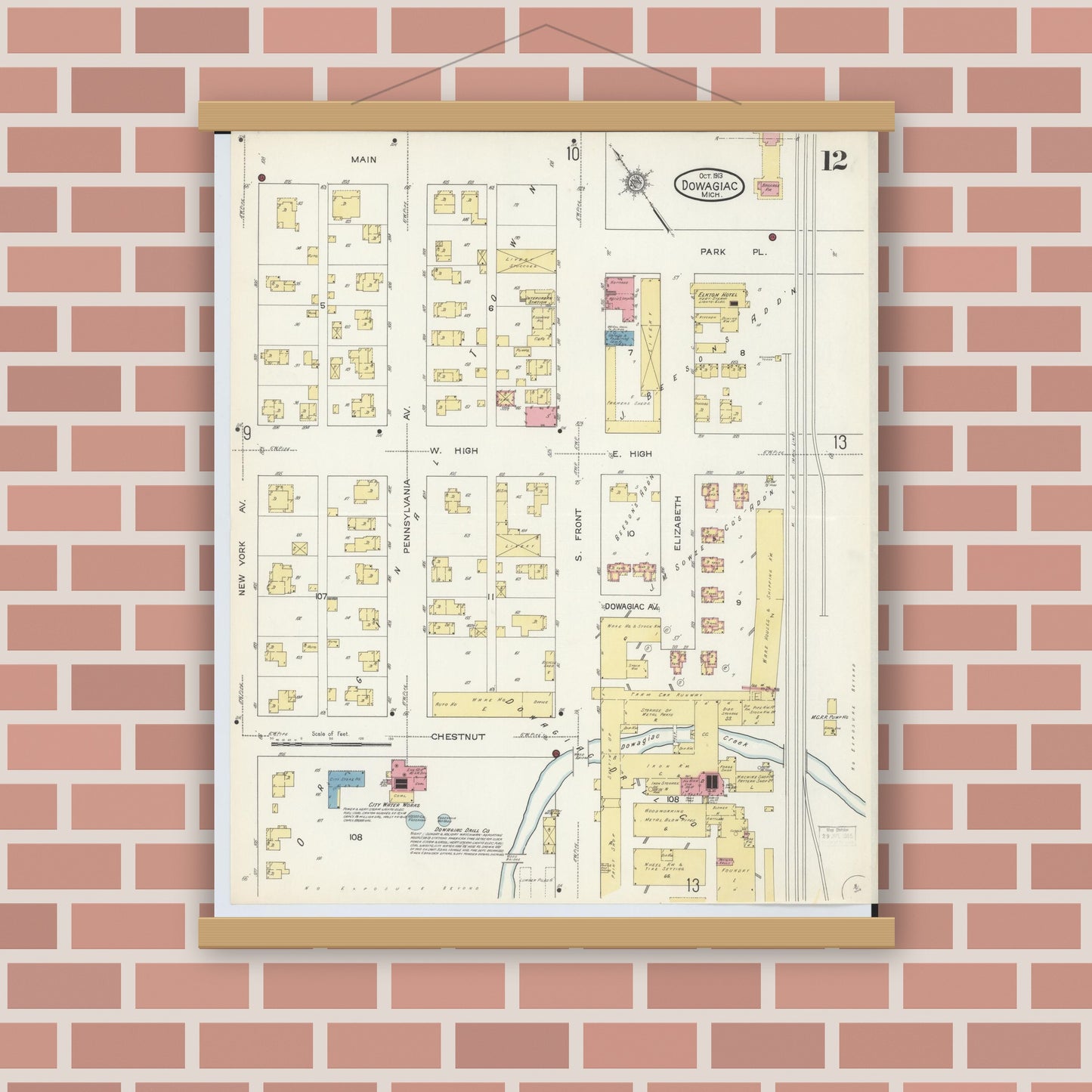Old map wall art mockup — magnetic wood frame on brick wall — Sanborn Fire Insurance Map from Dowagiac, Cass County, Michigan (1913), Sheet #0012