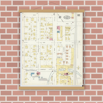 Old map wall art mockup — magnetic wood frame on brick wall — Sanborn Fire Insurance Map from Dowagiac, Cass County, Michigan (1913), Sheet #0012