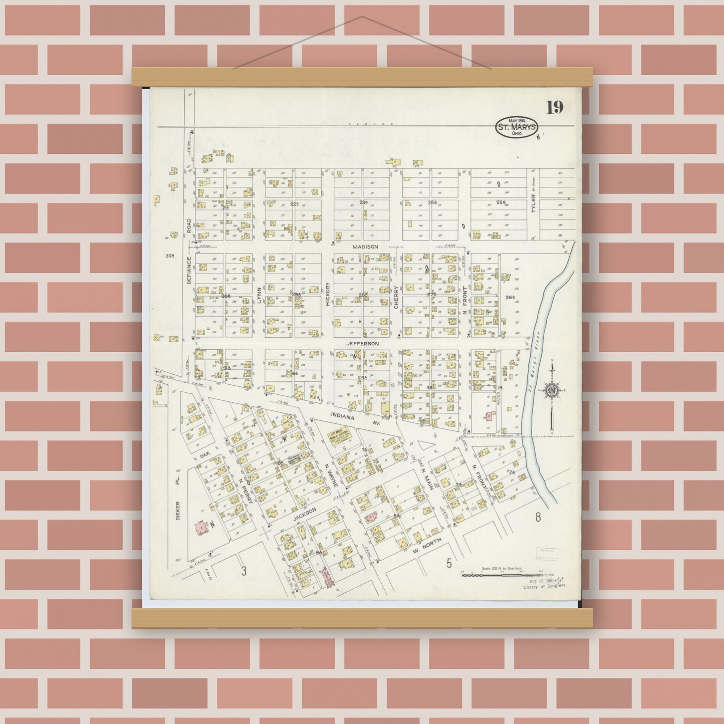 Old map wall art mockup — magnetic wood frame on brick wall — Sanborn Fire Insurance Map from Saint Marys, Auglaize County, Ohio (1914), Sheet #0019
