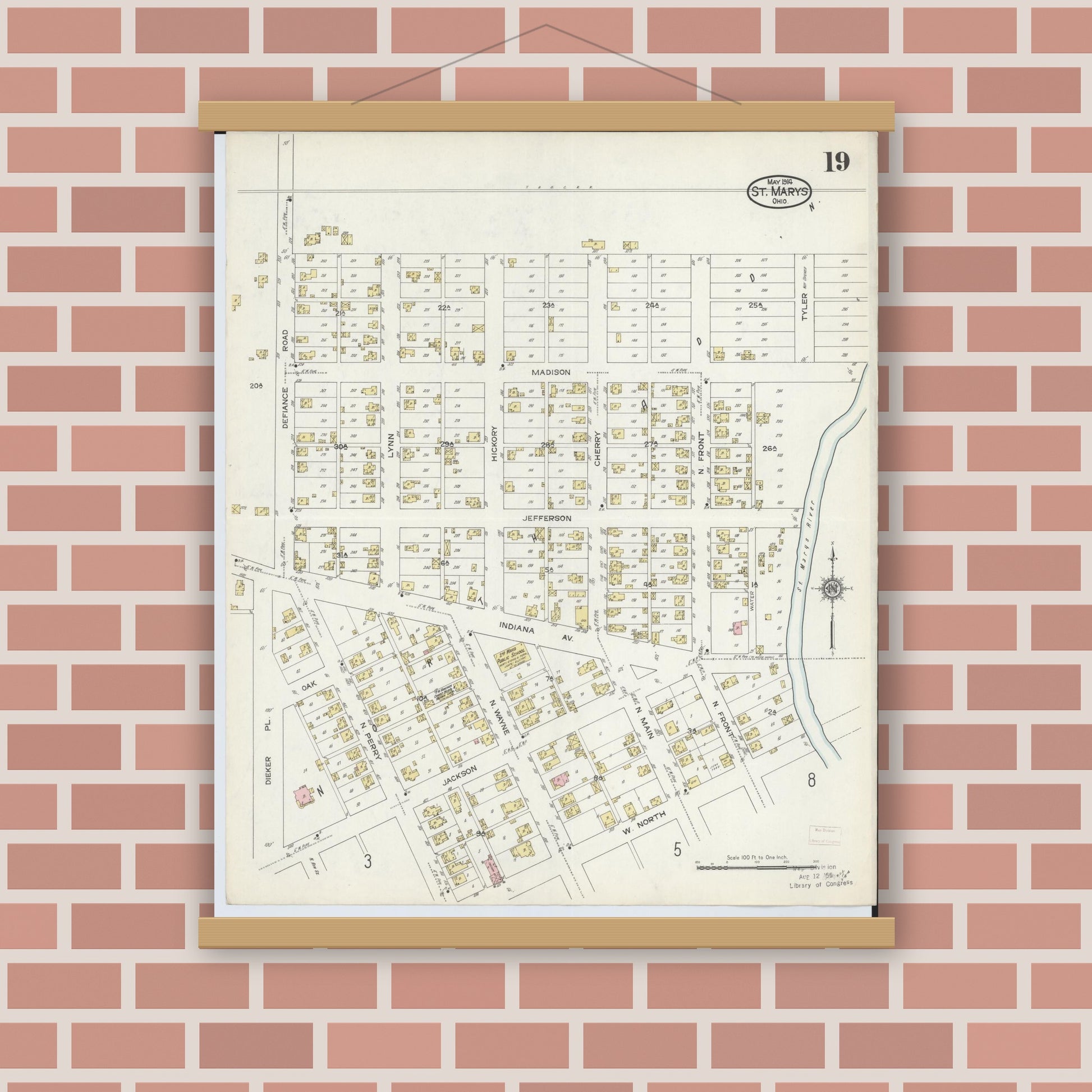 Old map wall art mockup — magnetic wood frame on brick wall — Sanborn Fire Insurance Map from Saint Marys, Auglaize County, Ohio (1914), Sheet #0019
