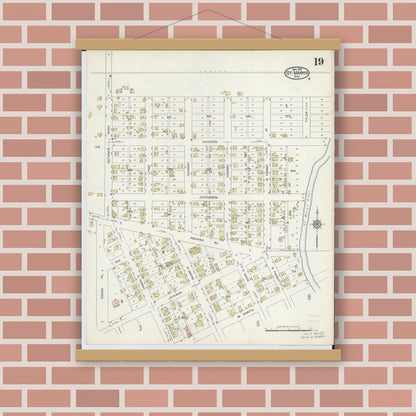 Old map wall art mockup — magnetic wood frame on brick wall — Sanborn Fire Insurance Map from Saint Marys, Auglaize County, Ohio (1914), Sheet #0019