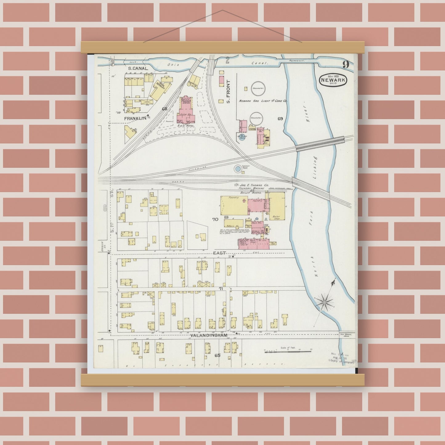 Old map wall art mockup — magnetic wood frame on brick wall — Sanborn Fire Insurance Map from Newark, Licking County, Ohio (1893), Sheet #0009