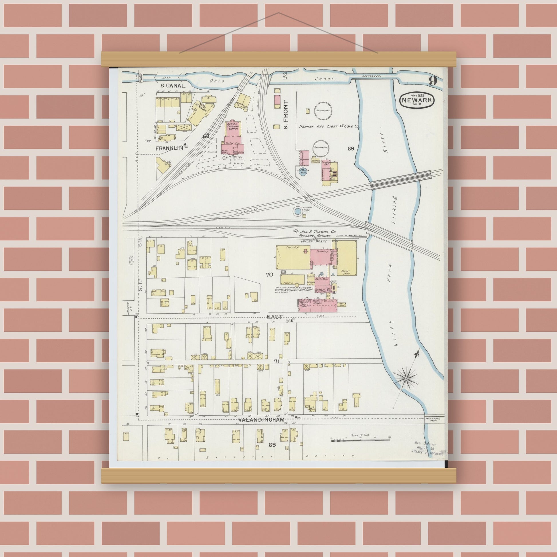 Old map wall art mockup — magnetic wood frame on brick wall — Sanborn Fire Insurance Map from Newark, Licking County, Ohio (1893), Sheet #0009