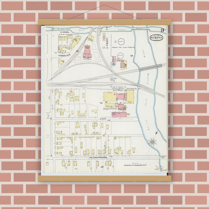 Old map wall art mockup — magnetic wood frame on brick wall — Sanborn Fire Insurance Map from Newark, Licking County, Ohio (1893), Sheet #0009