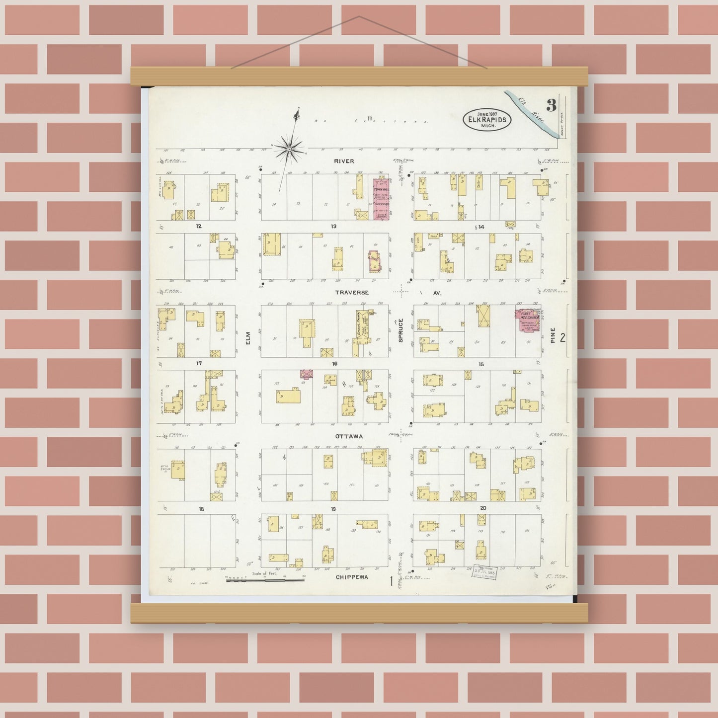 Old map wall art mockup — magnetic wood frame on brick wall — Sanborn Fire Insurance Map from Elk Rapids, Antrim County, Michigan (1907), Sheet #0003