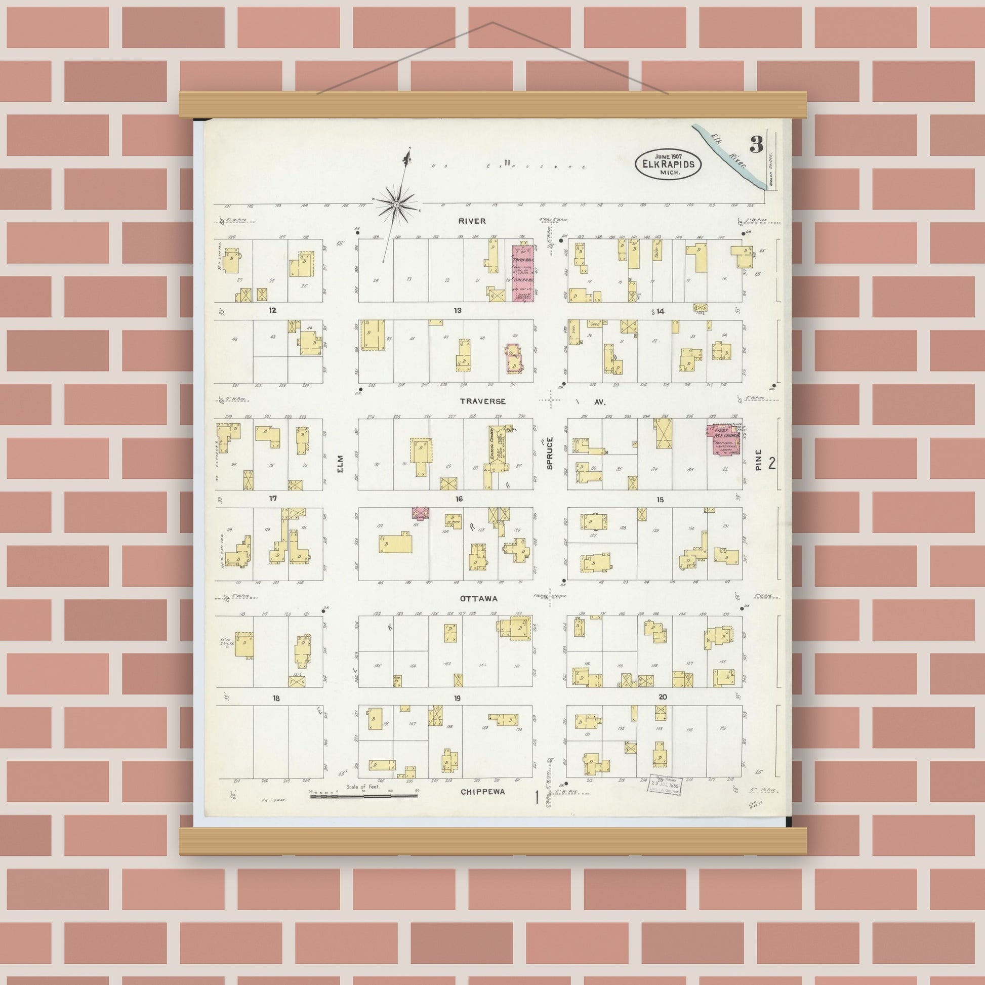 Old map wall art mockup — magnetic wood frame on brick wall — Sanborn Fire Insurance Map from Elk Rapids, Antrim County, Michigan (1907), Sheet #0003
