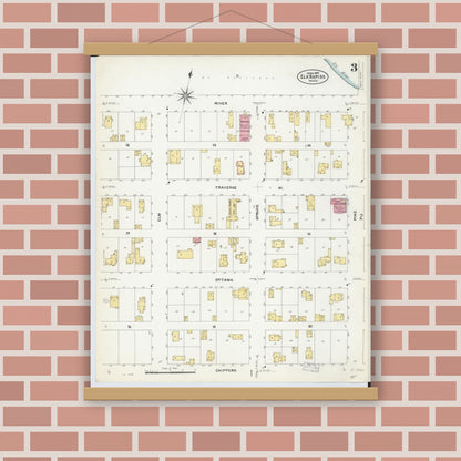 Old map wall art mockup — magnetic wood frame on brick wall — Sanborn Fire Insurance Map from Elk Rapids, Antrim County, Michigan (1907), Sheet #0003