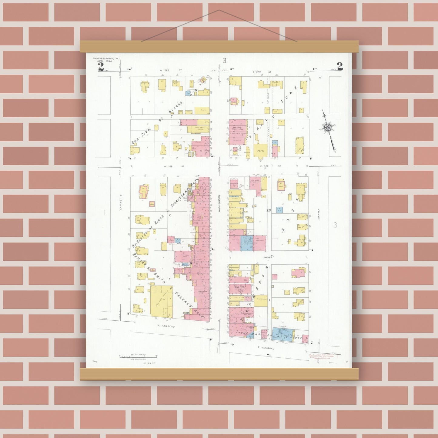 Old map wall art mockup — magnetic wood frame on brick wall — Sanborn Fire Insurance Map from Prophetstown, Whiteside County, Illinois (1934), Sheet #0002