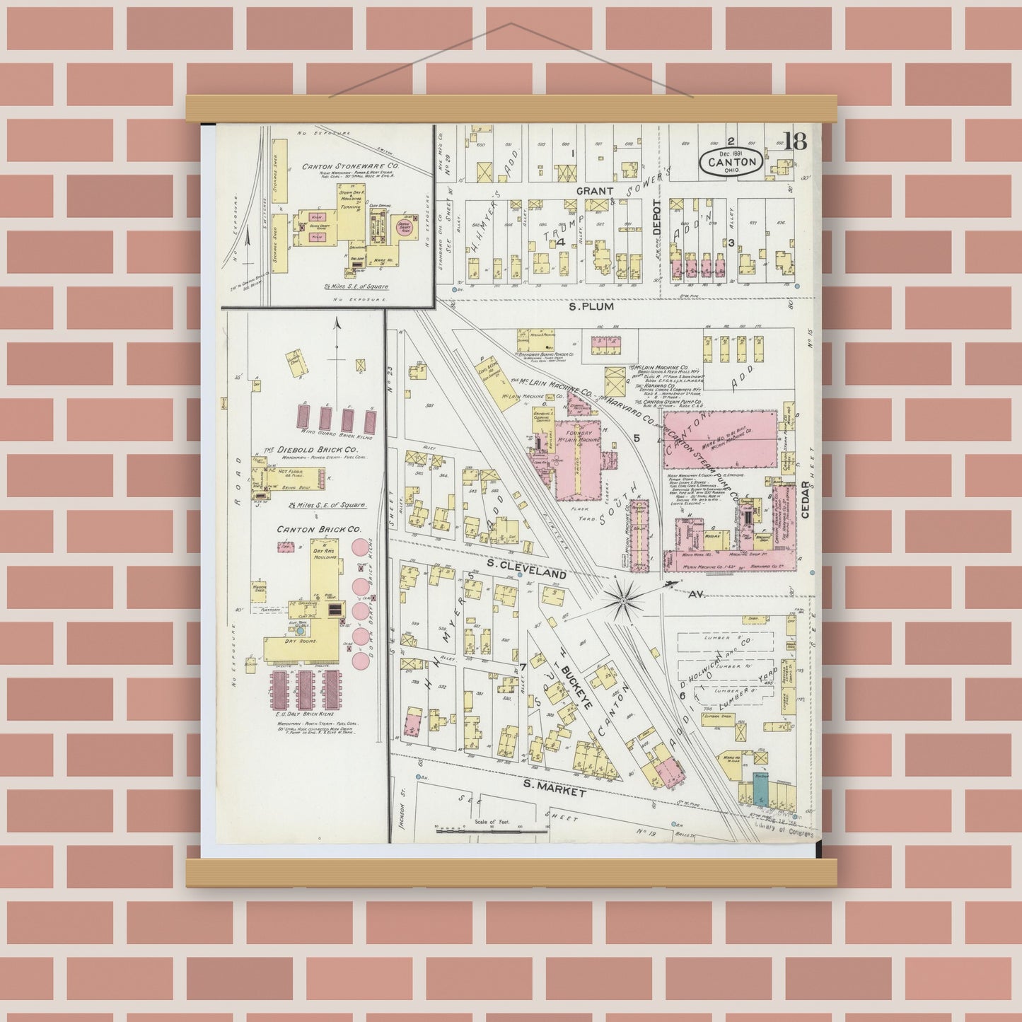 Old map wall art mockup — magnetic wood frame on brick wall — Sanborn Fire Insurance Map from Canton, Stark County, Ohio (1891), Sheet #0018