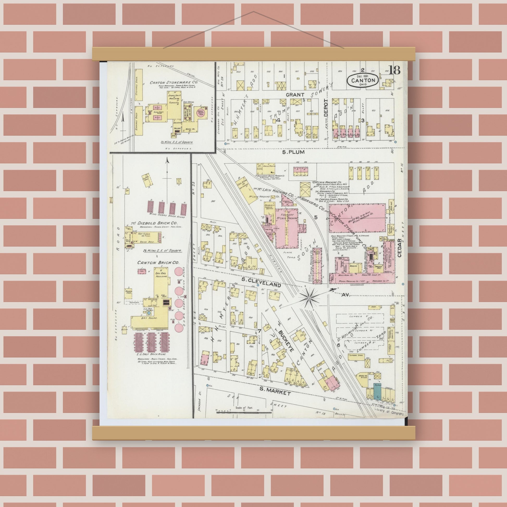 Old map wall art mockup — magnetic wood frame on brick wall — Sanborn Fire Insurance Map from Canton, Stark County, Ohio (1891), Sheet #0018