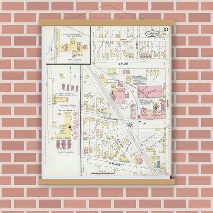 Old map wall art mockup — magnetic wood frame on brick wall — Sanborn Fire Insurance Map from Canton, Stark County, Ohio (1891), Sheet #0018
