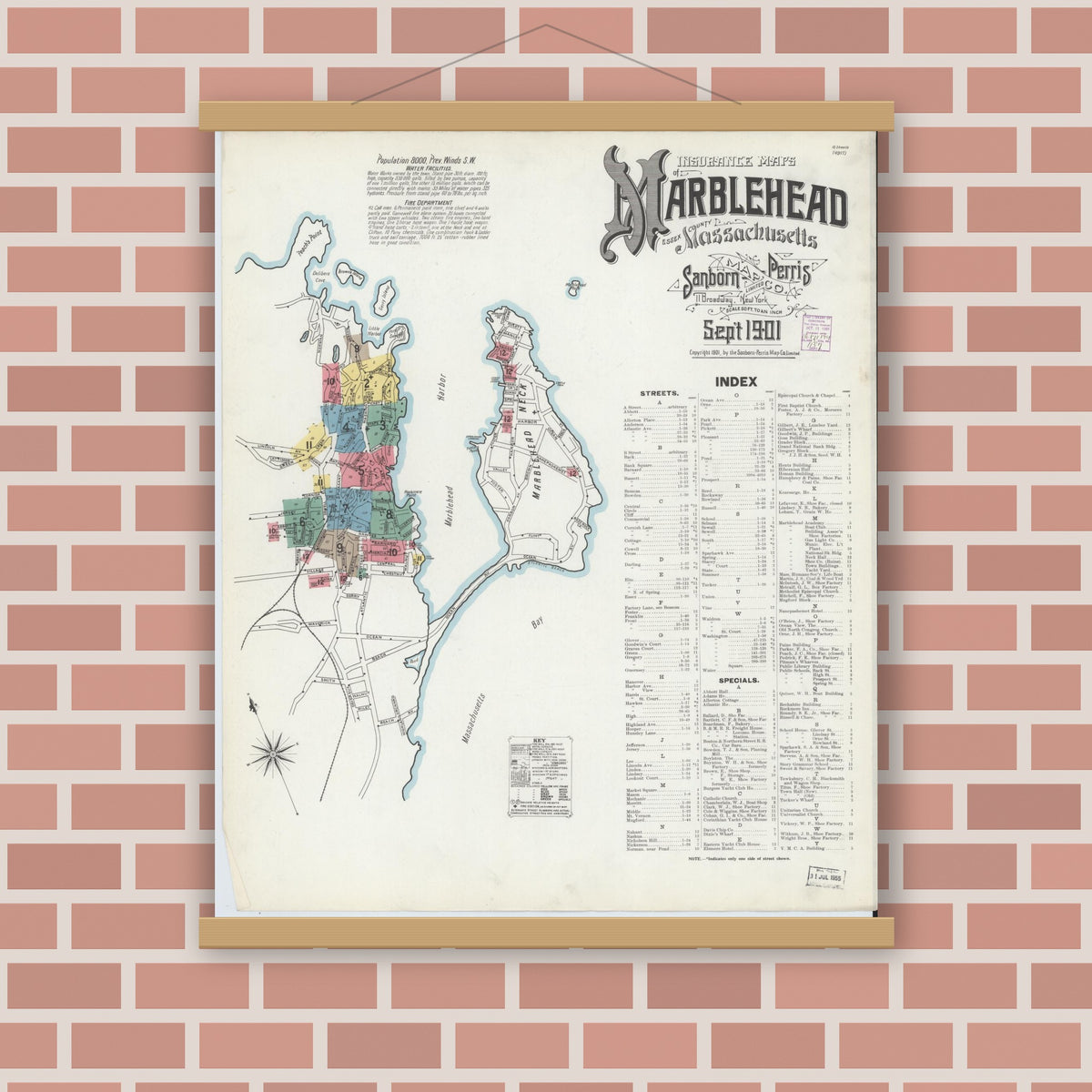 Old map wall art mockup — magnetic wood frame on brick wall — Sanborn Fire Insurance Map from Marblehead, Essex County, Massachusetts (1901) - Complete Map Set