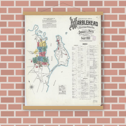 Old map wall art mockup — magnetic wood frame on brick wall — Sanborn Fire Insurance Map from Marblehead, Essex County, Massachusetts (1901) - Complete Map Set