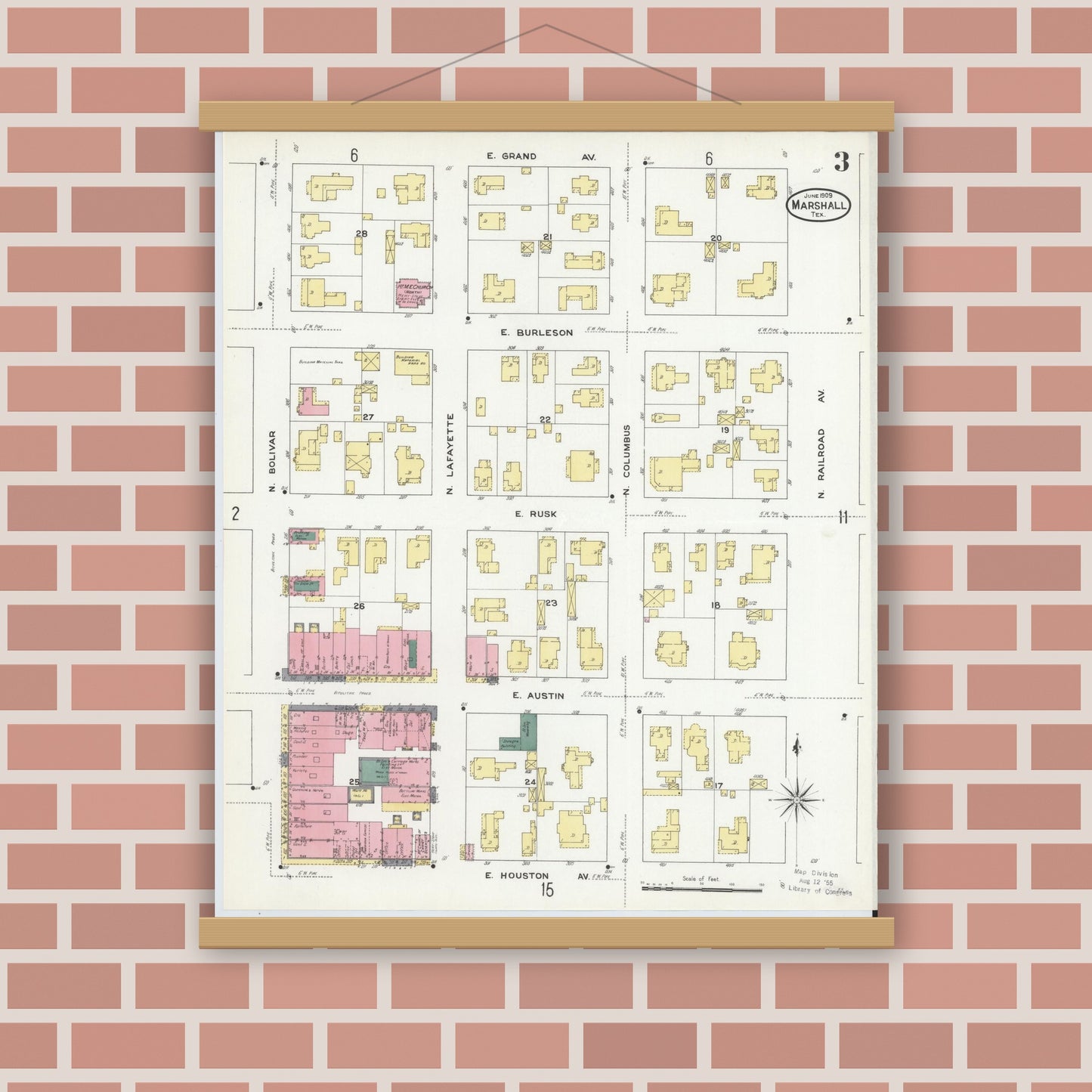Old map wall art mockup — magnetic wood frame on brick wall — Sanborn Fire Insurance Map from Marshall, Harrison County, Texas (1909), Sheet #0003